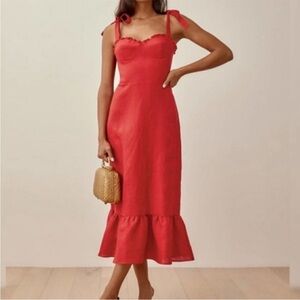 Reformation Vale Red Tie-Shoulder Linen Midi Dress 6